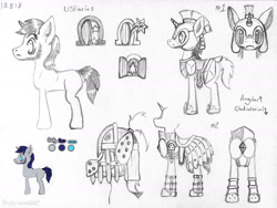 Size: 1648x1242 | Tagged: safe, artist:underwoodart, oc, oc only, oc:ustiarius, pony, unicorn, the tale of two sisters, armor, blue mane, chinstrap, concept art, cutie mark, facial hair, gray coat, helmet, horn, male, neckbeard, pencil drawing, royal guard, simple background, solo, stallion, traditional art, unicorn oc, white background