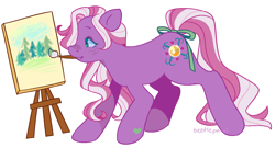 Size: 1862x1005 | Tagged: safe, artist:beetlepaws, juniper jade, earth pony, pony, g3, bow, crouching, freckles, green eyes, hoof heart, paintbrush, painting, pink mane, purple, simple background, solo, tail, tail bow, teal eyes, transparent background, two toned mane, white mane