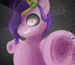 Size: 3580x3080 | Tagged: safe, artist:reinbou, pipp petals, pegasus, pony, g5, abstract background, breaking the fourth wall, creepy, creepy grin, creepy smile, diadem, evil, evil grin, female, fourth wall, glowing, glowing eyes, gradient background, grin, high res, jewelry, looking at you, mare, pippamena, regalia, signature, smiling, smiling at you, solo, underhoof