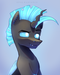 Size: 2197x2738 | Tagged: safe, artist:opal_radiance, oc, oc only, oc:fortune, changeling, fallout equestria, blue, changeling oc, eyebrows, female, foe adventures, glowing, high res, light blue background, piercing, raised eyebrow, signature, simple background, smiling, solo