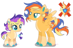 Size: 637x418 | Tagged: safe, artist:shebasoda, oc, oc only, oc:morning twinkle, oc:sunlight spark, pegasus, pony, unicorn, brother and sister, coat markings, colored eartips, colored hooves, colored wings, colored wingtips, duo, female, filly, foal, frown, horn, lidded eyes, looking up, male, next generation, offspring, pale belly, parent:flash sentry, parent:sunset shimmer, parents:flashimmer, pegasus oc, siblings, simple background, smiling, socks (coat markings), spread wings, stallion, standing, teal eyes, transparent background, unicorn oc, wings
