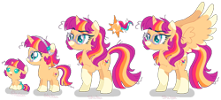 Size: 1038x471 | Tagged: safe, artist:shebasoda, oc, oc only, oc:daydream spell, alicorn, pony, unicorn, alicorn oc, baby, baby pony, coat markings, colored muzzle, colored wings, colored wingtips, diaper, eyebrows, eyeshadow, facial markings, female, filly, foal, frown, glasses, growing up, hairband, horn, lidded eyes, makeup, mare, messy hair, messy mane, messy tail, next generation, not sunny starscout, offspring, parent:sunburst, parent:twilight sparkle, parents:twiburst, raised eyebrow, raised hoof, round glasses, simple background, sitting, snip (coat marking), socks (coat markings), spread wings, standing, tail, transparent background, unicorn oc, wings