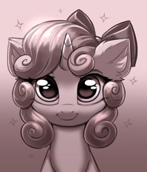 Size: 3206x3762 | Tagged: safe, artist:confetticakez, oc, oc only, pony, unicorn, bow, cute, female, filly, foal, gradient background, hair bow, high res, looking at you, monochrome, not sweetie belle, smiling, smiling at you, sparkles