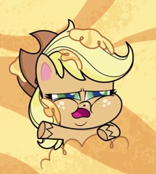 Size: 354x395 | Tagged: safe, screencap, applejack, earth pony, pony, g4.5, my little pony: pony life, princess probz, applefat, applejack is not amused, cropped, fat, female, food, hat, pudding, solo, unamused