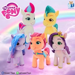 Size: 2048x2048 | Tagged: safe, hitch trailblazer, izzy moonbow, pipp petals, sunny starscout, zipp storm, earth pony, pegasus, pony, unicorn, g5, official, cloud, high res, irl, male, mane five, my little pony logo, photo, plushie, rainbow, stallion, thailand, toy