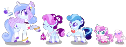 Size: 1108x420 | Tagged: safe, artist:shebasoda, oc, oc only, oc:charming belle, oc:darling belle, oc:glass slipper, oc:sapphire lace, oc:shiny pearl, earth pony, pegasus, pony, unicorn, baby, baby pony, beauty mark, bow, bowtie, bracelet, brother and sister, choker, clothes, coat markings, colored eartips, colored eyelashes, colored hooves, colored pupils, colt, cousins, cyan eyes, diaper, ear piercing, earring, earth pony oc, eyes closed, eyeshadow, female, filly, five year old, foal, gradient mane, gradient tail, grin, group, hair bow, horn, jewelry, looking back, magical lesbian spawn, makeup, male, mare, necklace, offspring, pale belly, parent:diamond tiara, parent:kerfuffle, parent:rarity, parent:sweetie belle, parents:diamondbelle, parents:rarifuffle, pegasus oc, piercing, pigtails, purple eyes, quintet, raised leg, shoes, siblings, simple background, sisters, smiling, socks (coat markings), standing, standing on two hooves, tail, toddler, transparent background, turned head, twins, unicorn oc, white belly