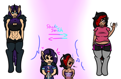 Size: 2000x1300 | Tagged: safe, artist:lazerblues, oc, oc only, oc:bella, oc:mal, satyr, abs, chibi, chubby, gradient background, grimace shake, mcdonald's, meme, offspring, parent:oc:miss eri, parent:oc:nyx, protein shake, shake