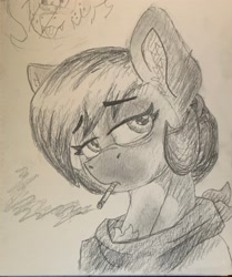 Size: 3024x3620 | Tagged: safe, artist:reddthebat, oc, oc only, oc:number nine, oc:reddthebat, bat pony, earth pony, pony, bat pony oc, bust, cigarette, duo, eyebrows, eyebrows visible through hair, female, high res, lidded eyes, looking at you, mare, monochrome, offscreen character, pencil drawing, smoking, solo focus, traditional art