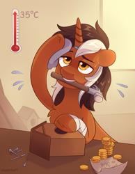 Size: 2449x3164 | Tagged: safe, artist:skysorbett, oc, oc only, oc:wrench ironbolt, pony, unicorn, bird house, coin, hammer, high res, horn, hot, male, nails, note, solo, stallion, sweat, sweatdrop, thermometer, two toned mane, unicorn oc