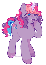 Size: 910x1295 | Tagged: safe, artist:beetlepaws, lily lightly, pony, unicorn, g3, curly hair, curly mane, glowing, glowing horn, horn, multicolored hair, multicolored mane, multicolored tail, one eye closed, one eye open, purple, simple background, solo, tail, transparent background