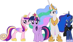 Size: 1054x610 | Tagged: safe, artist:scootaloormayfly, princess cadance, princess celestia, princess luna, twilight sparkle, alicorn, pony, g4, alicorn tetrarchy, cloak, clothes, concave belly, crown, height difference, jewelry, looking at you, physique difference, pixel art, regalia, signature, simple background, slender, smiling, smiling at you, thin, transparent background, twilight sparkle (alicorn)
