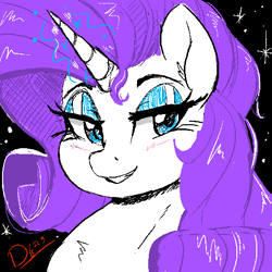 Size: 512x512 | Tagged: safe, artist:thelunarmoon, rarity, pony, unicorn, g4, bedroom eyes, black background, bust, female, glowing, glowing horn, grin, horn, mare, seductive look, signature, simple background, smiling, solo