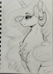 Size: 1483x2048 | Tagged: safe, artist:thelunarmoon, princess celestia, alicorn, pony, g4, bust, chest fluff, eye clipping through hair, eyebrows, eyebrows visible through hair, female, grayscale, lidded eyes, mare, missing accessory, monochrome, profile, smiling, solo, traditional art