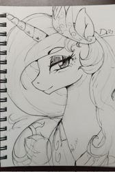 Size: 1380x2048 | Tagged: safe, artist:thelunarmoon, princess celestia, alicorn, pony, g4, bedroom eyes, bust, eyebrows, eyebrows visible through hair, eyeshadow, female, grayscale, looking at you, makeup, mare, monochrome, smiling, smiling at you, solo, traditional art, turned head