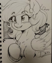 Size: 1686x2048 | Tagged: safe, artist:thelunarmoon, derpy hooves, pegasus, pony, g4, eyebrows, eyebrows visible through hair, female, grayscale, grin, mare, monochrome, pencil drawing, smiling, solo, traditional art