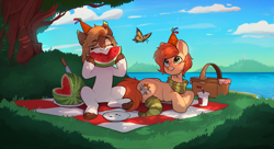 Size: 2987x1628 | Tagged: safe, artist:rexyseven, oc, oc only, oc:rusty gears, oc:sofiko, butterfly, deer, earth pony, pony, basket, belly, clothes, cloud, cloven hooves, drink, duo, duo female, ear fluff, earth pony oc, eating, female, food, hat, herbivore, heterochromia, high res, hoof hold, knife, lying down, mare, outdoors, party hat, picnic, picnic basket, picnic blanket, prone, scarf, scenery, sitting, socks, striped scarf, striped socks, tree, watermelon