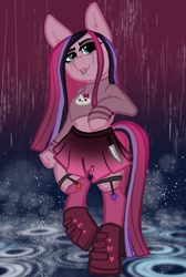 Size: 1280x1904 | Tagged: safe, artist:nootaz, pinkie pie, earth pony, pony, semi-anthro, g4, arm hooves, goth, hello kitty, knife, midriff, piercing, pinkamena diane pie, rain, solo