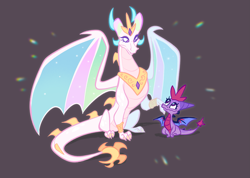 Size: 3579x2551 | Tagged: safe, artist:janegumball, princess celestia, twilight sparkle, dragon, g4, brown background, colored wings, crossover, crown, dragoness, dragonified, dragonlestia, duo, female, gray background, high res, jewelry, looking at each other, looking at someone, looking up, multicolored wings, peytral, regalia, simple background, size difference, smiling, smiling at each other, species swap, spyro the dragon (series), the legend of spyro, twilidragon, wings