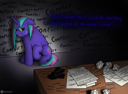 Size: 2600x1900 | Tagged: safe, artist:passionpanther, oc, oc only, pony, unicorn, anxiety, atychiphobia, crying, paper, solo, song reference