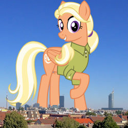 Size: 1156x1156 | Tagged: safe, anonymous editor, artist:cheezedoodle96, edit, mane allgood, pegasus, pony, g4, austria, clothes, female, folded wings, giant pony, giantess, highrise ponies, irl, macro, mare, photo, ponies in real life, raised hoof, shirt, solo, vienna, wings