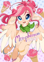 Size: 2894x4093 | Tagged: safe, artist:potetecyu_to, oc, oc only, pegasus, pony, female, floppy ears, food, gradient background, ice cream, ice cream cone, mare, neckerchief, open mouth, open smile, smiling, solo