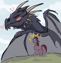 Size: 2478x2560 | Tagged: safe, artist:obscured, dragon, pony, unicorn, blushing, floating heart, heart, high res, sketch