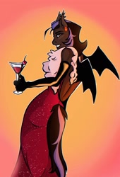 Size: 1465x2160 | Tagged: safe, artist:obscured, bat pony, pony, anthro, alcohol, clothes, cocktail, dress, drink, female, party, solo