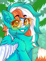 Size: 1200x1600 | Tagged: safe, artist:falafeljake, oc, oc only, oc:phoenix redtail, pegasus, pony, chest fluff, colored wings, ear fluff, eyebrows, eyebrows visible through hair, female, glasses, grin, looking at you, mare, pegasus oc, round glasses, signature, smiling, smiling at you, solo, wings
