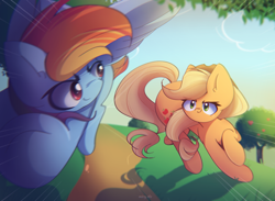 Size: 3000x2200 | Tagged: safe, artist:miryelis, applejack, rainbow dash, earth pony, pegasus, pony, g4, big ears, duo, duo female, female, hat, high res, long hair, looking at each other, looking at someone, mare, race, running, signature, sky, smiling, tree, wings