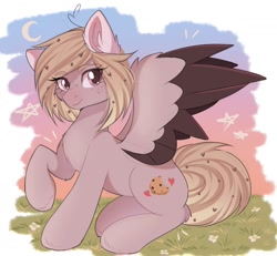 Size: 1513x1399 | Tagged: safe, artist:arllistar, oc, oc only, pegasus, pony, crescent moon, eye clipping through hair, female, freckles, mare, moon, sitting, solo, spread wings, wings