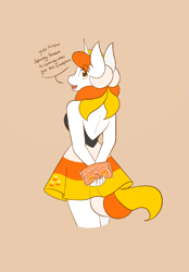 Size: 1423x2048 | Tagged: safe, artist:mscolorsplash, oc, oc only, oc:candy corn, unicorn, anthro, arm behind back, backless, beige background, candy, candy corn, clothes, dialogue, female, food, looking at you, looking back, looking back at you, mare, open mouth, open smile, simple background, skirt, smiling, solo, talking to viewer