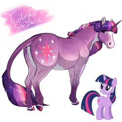 Size: 1280x1280 | Tagged: safe, artist:neighbaby, twilight sparkle, classical unicorn, horse, pony, unicorn, g4, alternate design, blaze (coat marking), butt, cloven hooves, coat markings, colored hooves, colored horn, colored pinnae, coronet (coat marking), countershading, facial markings, female, headcanon in the description, hoers, horn, leonine tail, looking at you, looking back, looking back at you, mare, mealy mouth (coat marking), name, pale belly, plot, pubic fluff, simple background, smiling, smiling at you, snip (coat marking), solo, star (coat marking), stripe (coat marking), twibutt, unicorn twilight, unshorn fetlocks, white background