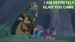 Size: 1993x1125 | Tagged: safe, edit, edited screencap, editor:quoterific, screencap, discord, starlight glimmer, trixie, draconequus, pony, unicorn, g4, to where and back again, backpack, bags, changeling hive, clothes, female, hat, male, out of context, scarf, trixie's hat