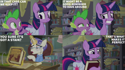 Size: 2000x1125 | Tagged: safe, edit, edited screencap, editor:quoterific, screencap, first folio, spike, twilight sparkle, alicorn, dragon, pony, g4, the point of no return, baby, baby dragon, bag, book, bookshelf, desk lamp, glasses, grin, nervous, saddle bag, smiling, twilight sparkle (alicorn), winged spike, wings