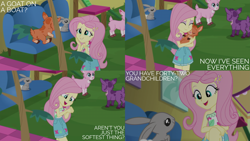 Size: 2000x1125 | Tagged: safe, edit, edited screencap, editor:quoterific, screencap, fluttershy, goat, human, rabbit, equestria girls, equestria girls specials, g4, my little pony equestria girls: better together, my little pony equestria girls: spring breakdown, animal