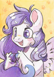 Size: 3437x4889 | Tagged: safe, artist:cutepencilcase, oc, oc only, oc:vintage paws, pegasus, pony, abstract background, artfight, blush sticker, blushing, bust, colored hooves, colored pinnae, colored pupils, cute, female, fingers together, half body, happy, hoof heart, hooves together, mare, open mouth, open smile, paw prints, portrait, smiling, solo, spread wings, underhoof, unshorn fetlocks, wings