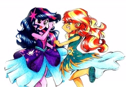 Size: 2612x1797 | Tagged: safe, artist:liaaqila, sunset shimmer, twilight sparkle, human, equestria girls, g4, my little pony equestria girls: legend of everfree, clothes, crystal gala dress, dress, duo, simple background, smiling, traditional art, white background