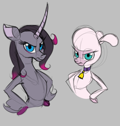 Size: 1350x1426 | Tagged: safe, artist:thescornfulreptilian, oleander (tfh), pom (tfh), classical unicorn, pony, sheep, unicorn, them's fightin' herds, cloven hooves, community related, disappointed, duo, duo female, female, hoof on hip, horn, leonine tail, oleander is not amused, pom is not amused, sketch, unamused, unshorn fetlocks