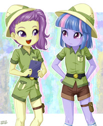 Size: 1000x1222 | Tagged: safe, artist:uotapo, lily pad (g4), wind sprint, human, equestria girls, g4, clothes, cosplay, costume, daring do costume, duo, duo female, equestria girls-ified, female, hat, pith helmet, shorts