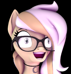 Size: 812x847 | Tagged: source needed, safe, artist:ivoryquest, oc, oc:ivoryquest, 3d, black background, female, glasses, laughing, mare, simple background, solo