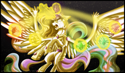 Size: 2540x1484 | Tagged: safe, artist:inuhoshi-to-darkpen, princess celestia, alicorn, pony, g4, 2013, armor, artifact, concave belly, element of generosity, element of honesty, element of kindness, element of laughter, element of loyalty, element of magic, elements of harmony, ethereal mane, female, large wings, magic, mare, old art, solo, spread wings, telekinesis, wings