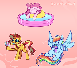 Size: 4664x4128 | Tagged: safe, artist:greenmaneheart, pinkie pie, rainbow dash, sunset shimmer, earth pony, pegasus, pony, unicorn, g4, drink, food, milkshake, pool toy, popsicle