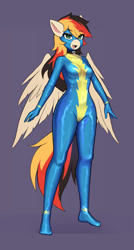 Size: 764x1422 | Tagged: safe, artist:shoggoth-tan, oc, oc only, oc:anja snow, pegasus, anthro, clothes, female, latex, latex suit, looking at you, smiling, solo, uniform, wonderbolts uniform