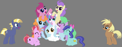 Size: 1930x742 | Tagged: safe, artist:selenaede, artist:star polaris and friends, derpibooru exclusive, coconut palm, cranberry pit, cream puff, ginger tea, grape stem, grapefruit squash, princess flurry heart, scribble pad, star tracker, stratus wind, alicorn, earth pony, pony, g4, base used, best friends, bow, creambetes, cute, eyes closed, female, flurrybetes, freckles, friends, gingerbetes, grapebetes, gray background, group, headcanon, male, mane six opening poses, mare, older, older coconut palm, older cranberry pit, older cream puff, older flurry heart, older ginger tea, older grape stem, older grapefruit squash, older scribble pad, older star tracker, older stratus wind, simple background, stallion, trackerbetes, uncle and niece, zeppelin children