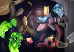 Size: 1280x906 | Tagged: safe, artist:appleneedle, oc, oc:holopon, oc:pixel, earth pony, pony, astronaut, cake, clothes, commission, con, convention, costume, cupcake, cute, digital, female, floating, food, future, mascot, planet, ponies online, science fiction, siblings, sisters, space, stars, zero gravity
