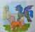 Size: 1867x1716 | Tagged: safe, artist:darkhestur, oc, oc only, oc:honey ale, oc:kyna, oc:sigrid, bat pony, earth pony, pony, abstract background, bat pony oc, earth pony oc, flying, g1 style, grass, mares only, marker drawing, simple background, traditional art, walking