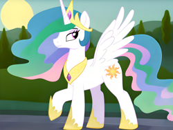 Size: 1600x1200 | Tagged: safe, ai assisted, ai content, artist:dovakkins, derpibooru exclusive, generator:pony diffusion v5, princess celestia, alicorn, pony, g4, beautiful, female, horn, jewelry, long mane, mare, one wing out, peytral, raised hoof, regalia, show accurate, sky, solo, wavy mane, wings