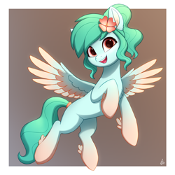 Size: 1900x1900 | Tagged: safe, artist:luminousdazzle, oc, oc only, oc:aqua breeze, pegasus, pony, adult blank flank, blank flank, colored pinnae, colored wings, concave belly, cute, feathered fetlocks, female, flower, flower in hair, flying, gradient background, gradient hooves, gradient legs, gradient wings, green mane, green tail, looking at you, mare, ocbetes, open mouth, open smile, passepartout, pegasus oc, smiling, smiling at you, solo, spread wings, tail, wavy mane, wings