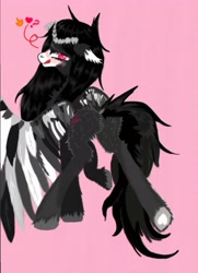 Size: 3072x4247 | Tagged: safe, artist:btg, oc, oc only, oc:lily btg, demon, demon pony, butt, butt fluff, chest fluff, ear fluff, female, floating heart, heart, hybrid oc, inviting you, looking at you, looking back, looking back at you, magenta background, mare, plot, question mark, simple background, solo, wings