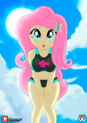 Size: 1414x2000 | Tagged: safe, alternate character, alternate version, artist:minusclass, part of a set, fluttershy, human, equestria girls, g4, belly button, bikini, bikini bottom, bikini top, breast squeeze, breasts, busty fluttershy, butterfly hairpin, clothes, cloud, cute, female, hairclip, legs, looking at you, midriff, patreon, patreon logo, shyabetes, sky, solo, stupid sexy fluttershy, sun, swimsuit
